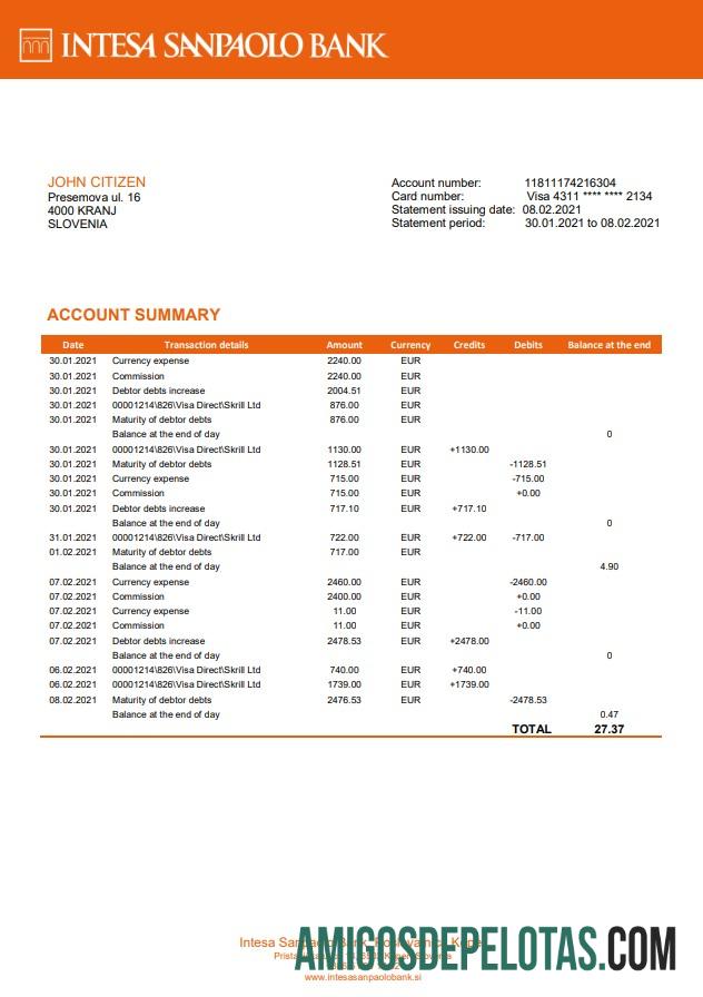 em branco Eslovênia Intesa Sanpaolo Bank, Poslovalnica Koper Modelo de extrato bancário em formato Word e PDF
